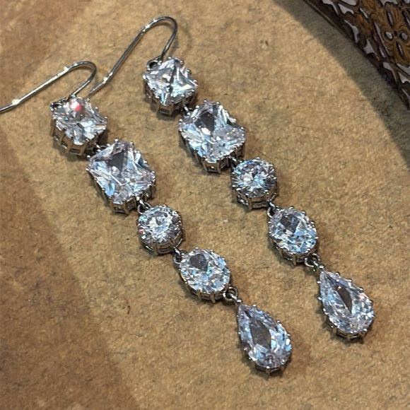 Kenneth Jay Lane Silver Drop Earrings with Sparkling Cz Crystals - Picture 8 of 8